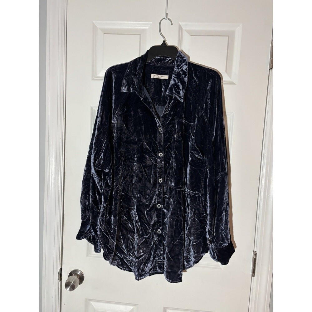 We The Free Free People Lg Blue Crushed Velvet Shirt Shacket Boho Whimsigoth